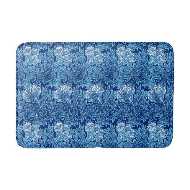 Jacobean Flower Damask, Navy, Sky Blue and White Bath Mat (Front)
