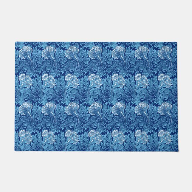 Jacobean Flower Damask, Navy, Sky Blue and White Doormat (Front)