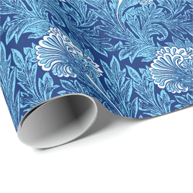 Jacobean Flower Damask, Navy, Sky Blue and White Wrapping Paper (Roll Corner)