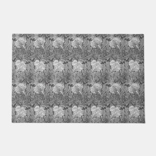 Jacobean Flower Damask, Silver Gray and White Doormat