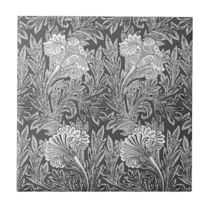 Jacobean Flower Damask, Silver Grey and White  Ceramic Tile