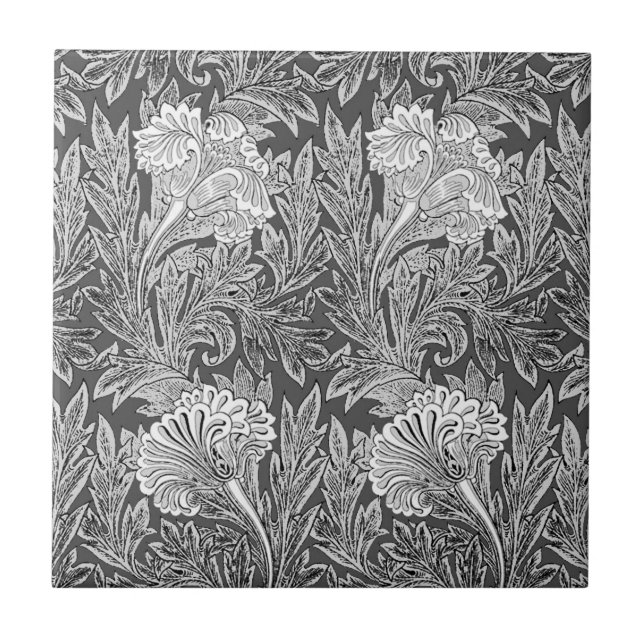 Jacobean Flower Damask, Silver Grey and White  Ceramic Tile (Front)