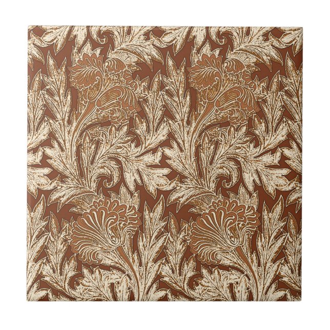 Jacobean Flower Damask, Taupe Tan and Cream  Ceramic Tile (Front)
