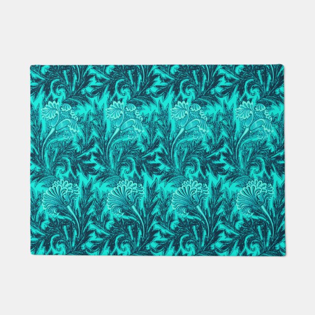 Jacobean Flower Damask, Turquoise and Teal Blue Doormat (Front)