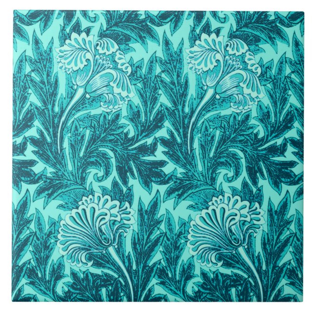 Jacobean Flower Damask, Turquoise and Teal Blue Tile (Front)