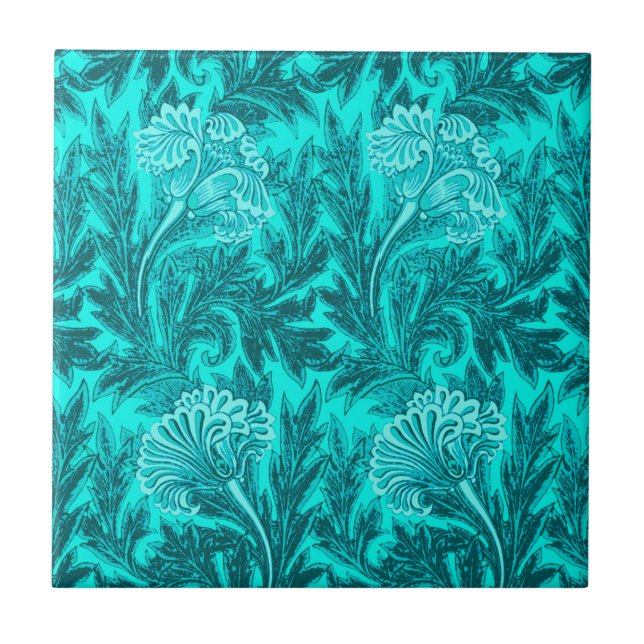 Jacobean Flower Damask, Turquoise Teal and Aqua  Ceramic Tile (Front)