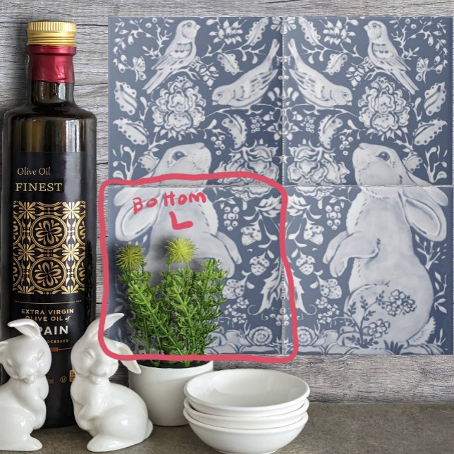 Jacobean Rabbit Birds Denim Blue White Bottom L Ceramic Tile (Creator Uploaded)