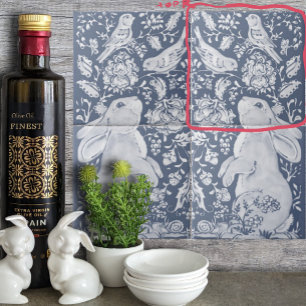 Jacobean Rabbit Birds Denim Blue White Top R Ceramic Tile