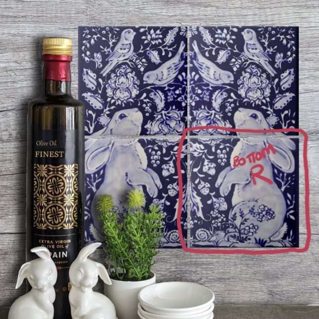 Jacobean Rabbit Birds Flowers Blue White Bottom R Ceramic Tile (Creator Uploaded)