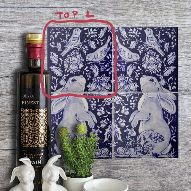 Jacobean Rabbit Birds Flowers Blue White Top L Ceramic Tile (Creator Uploaded)