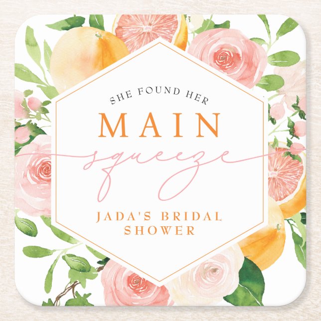 JADA Citrus Fruit Main Squeeze Bridal Shower Square Paper Coaster (Front)