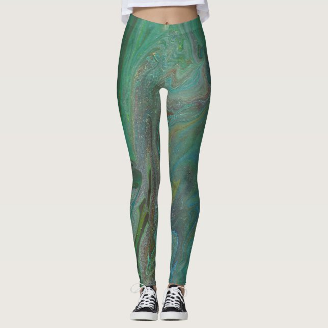 Jade 3 Fluid Deep Green Abstract Leggings (Front)