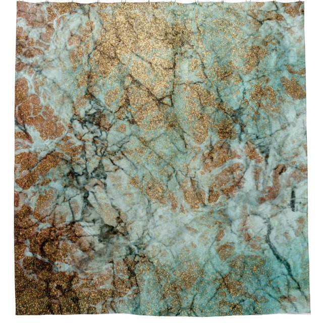 Jade and Gold Glitter Marble Shower Curtain (Front)