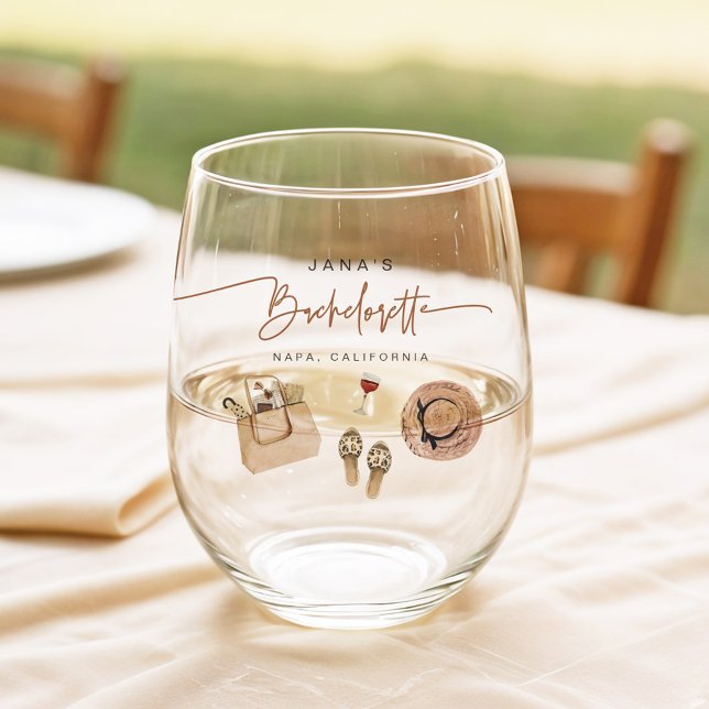 JADE Bohemian Napa Wine Country Bachelorette Stemless Wine Glass (Creator Uploaded)
