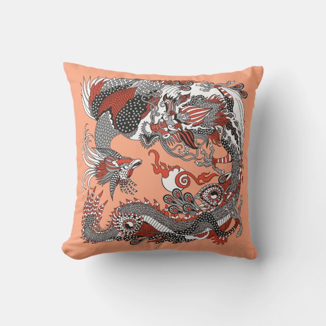 Jade Dragon and Gold Phoenix playing with a pearl  Cushion (Front)