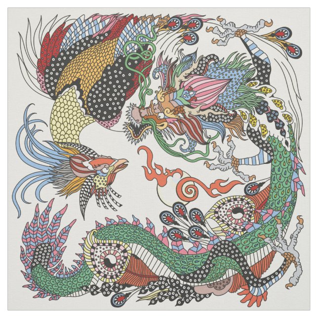 Jade Dragon and Gold Phoenix playing with a pearl Fabric (Swatch)