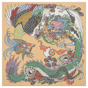 Jade Dragon and Gold Phoenix playing with a pearl Fabric