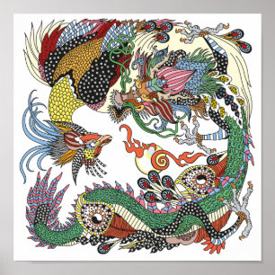Jade Dragon and Gold Phoenix playing with a pearl  Poster