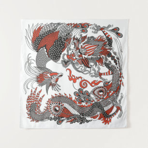 Jade Dragon and Gold Phoenix playing with a pearl Tapestry