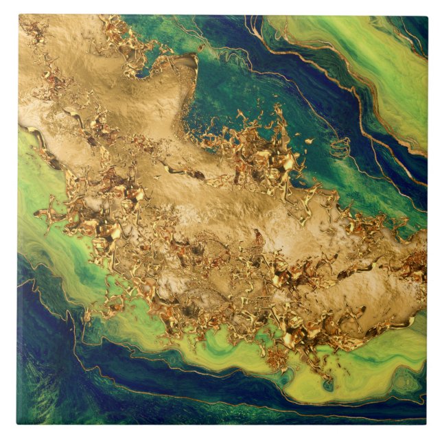 Jade Green and Bronze Gold Abstract Ceramic Tile (Front)