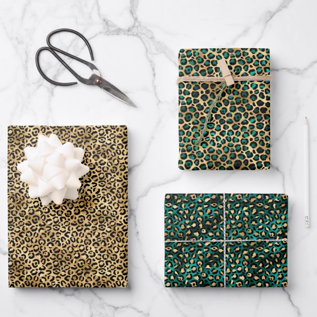 Jade Green and Gold Foil Look Leopard Print Wrapping Paper Sheet (Front)