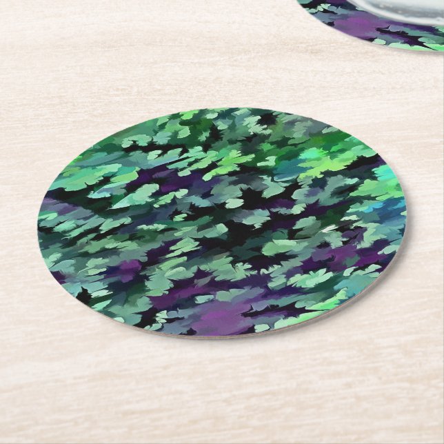 Jade Green and Purple Camouflage Pattern Round Paper Coaster (Angled)