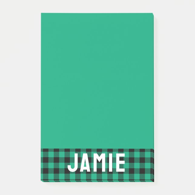 Jade Green Buffalo Check White Name Post-it Notes (Front)
