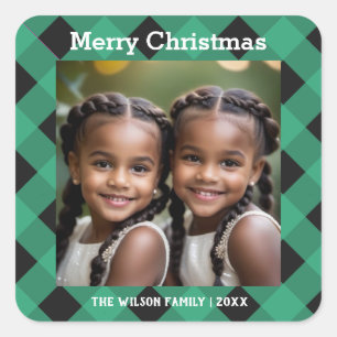 Jade Green Buffalo Plaid Custom Photo Christmas Square Sticker