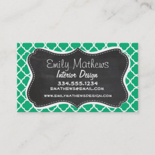 Jade Green Moroccan Quatrefoil; Chalkboard look Business Card