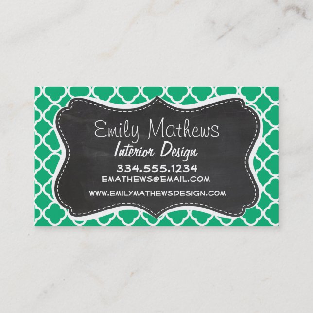 Jade Green Moroccan Quatrefoil; Chalkboard look Business Card (Front)
