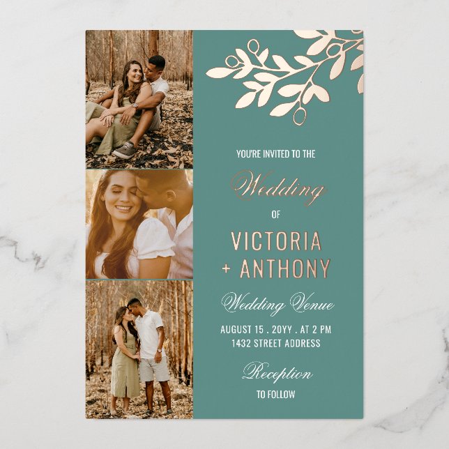 Jade Green Rose Gold Berry Twig 3 Photos Wedding (Front)