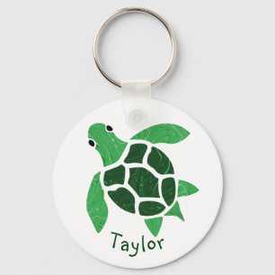 Jade Green Sea Turtle Mosaic with Name Key Ring