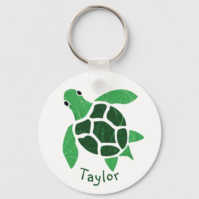 Jade Green Sea Turtle Mosaic with Name Key Ring (Front)