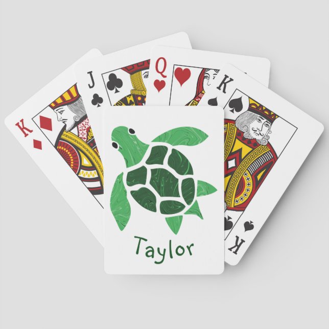 Jade Green Sea Turtle Mosaic with Name Playing Cards (Back)