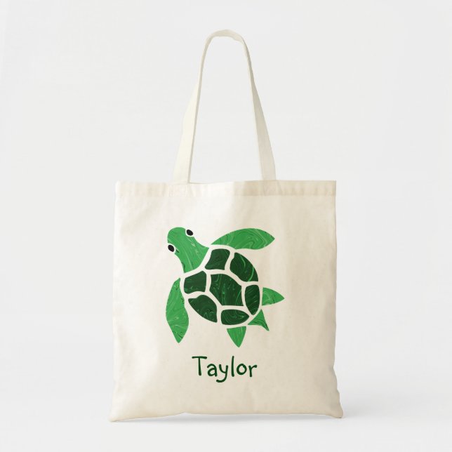 Jade Green Sea Turtle Mosaic with Name Tote Bag (Front)