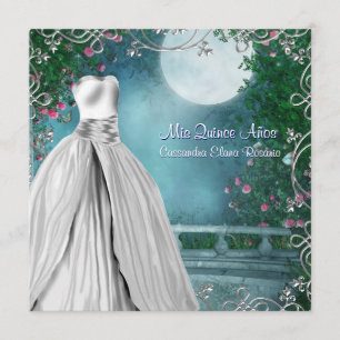 Jade Green Teal Blue Pink Roses Quinceanera Invitation