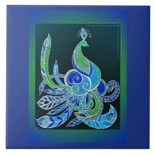 Jade Majesty Elegant Green and blue peacock  Ceramic Tile (Front)