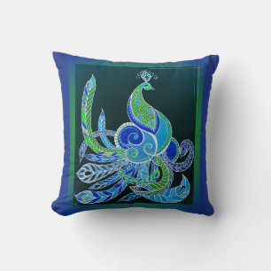 Jade Majesty Elegant Green and blue peacock  Cushion