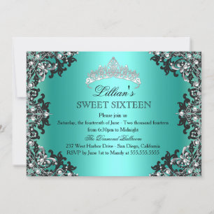 Jade Silver Black Damask Tiara Sweet 16 Invite