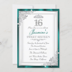 Jade Silver Diamond Damask & Tiara Sweet 16 Invite