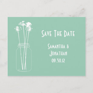 Jade White Mason Jar Wildflowers Save The Date Announcement Postcard