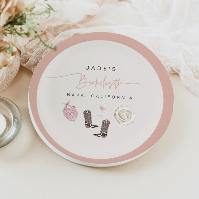 JADE Wine Cowgirl Country Bachelorette Itinerary Paper Plate (Creator Uploaded)