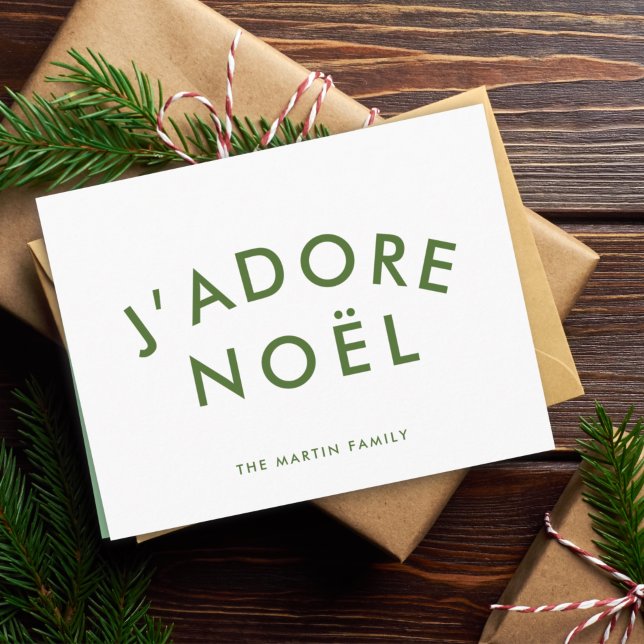 J'adore Noel | Love Christmas Modern Trendy Green Holiday Card (Creator Uploaded)