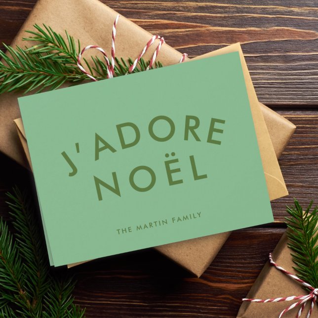 J'adore Noel | Modern Minimalist Love Xmas Green Holiday Card (Creator Uploaded)