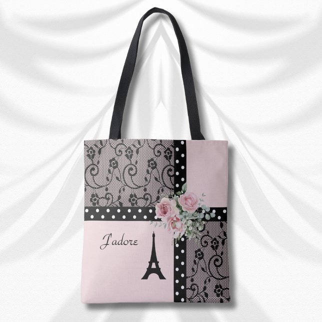 J'adore Pink and Black Paris Chic Tote Bag (J'adore Pink and Black Paris Chic Tote Bag)
