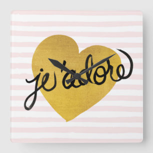 J'adore Quote   Black & Gold Heart Square Wall Clock