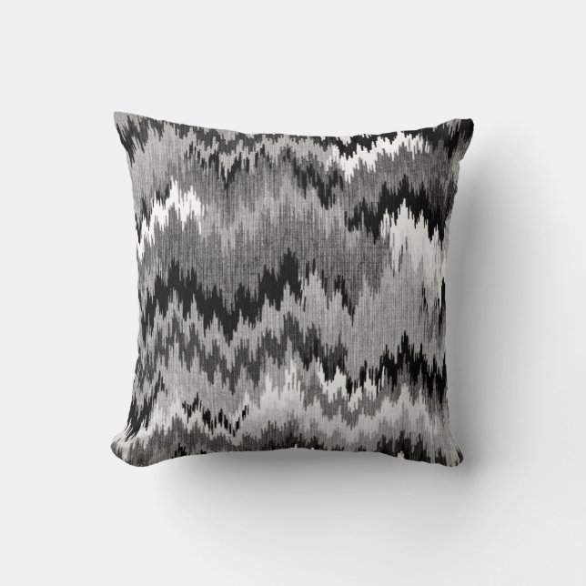 Jagged Chevron Ikat | black white grey Cushion (Front)