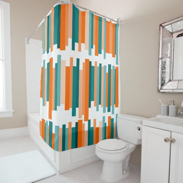 Jagged Lines – Teal and Orange  Shower Curtain (In Situ)