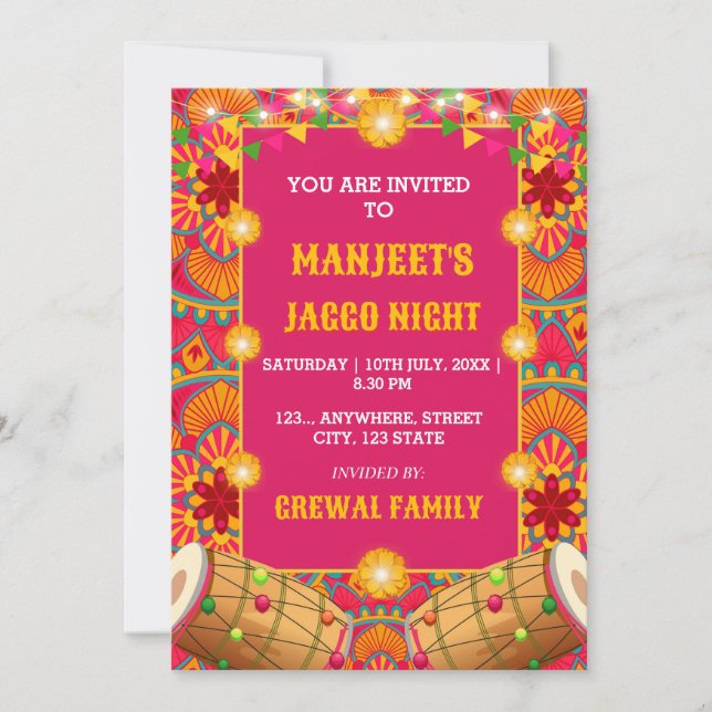 Jaggo Night Invitation Card, Desi Pre-wedding Card (Front)