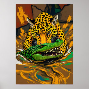Jaguar and Alligator Battle Art Poster